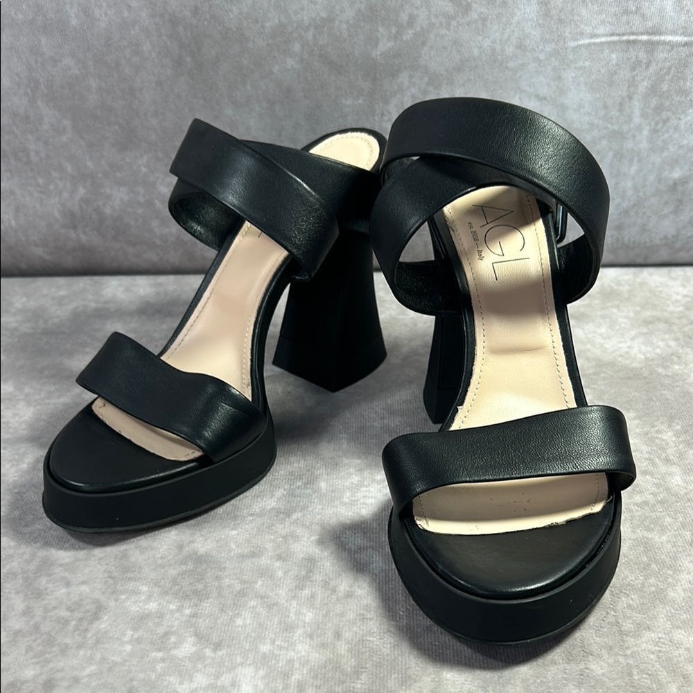 NWT AGL Janis Sandal Black Platform Sandals Heel Ankle Wrap Buckle Size 39